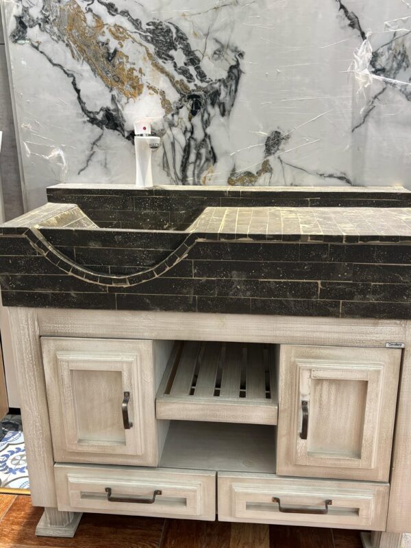MUEBLE VINTAGE 1MT CON MESADA MARMOL CUARZO NEGRO MATE