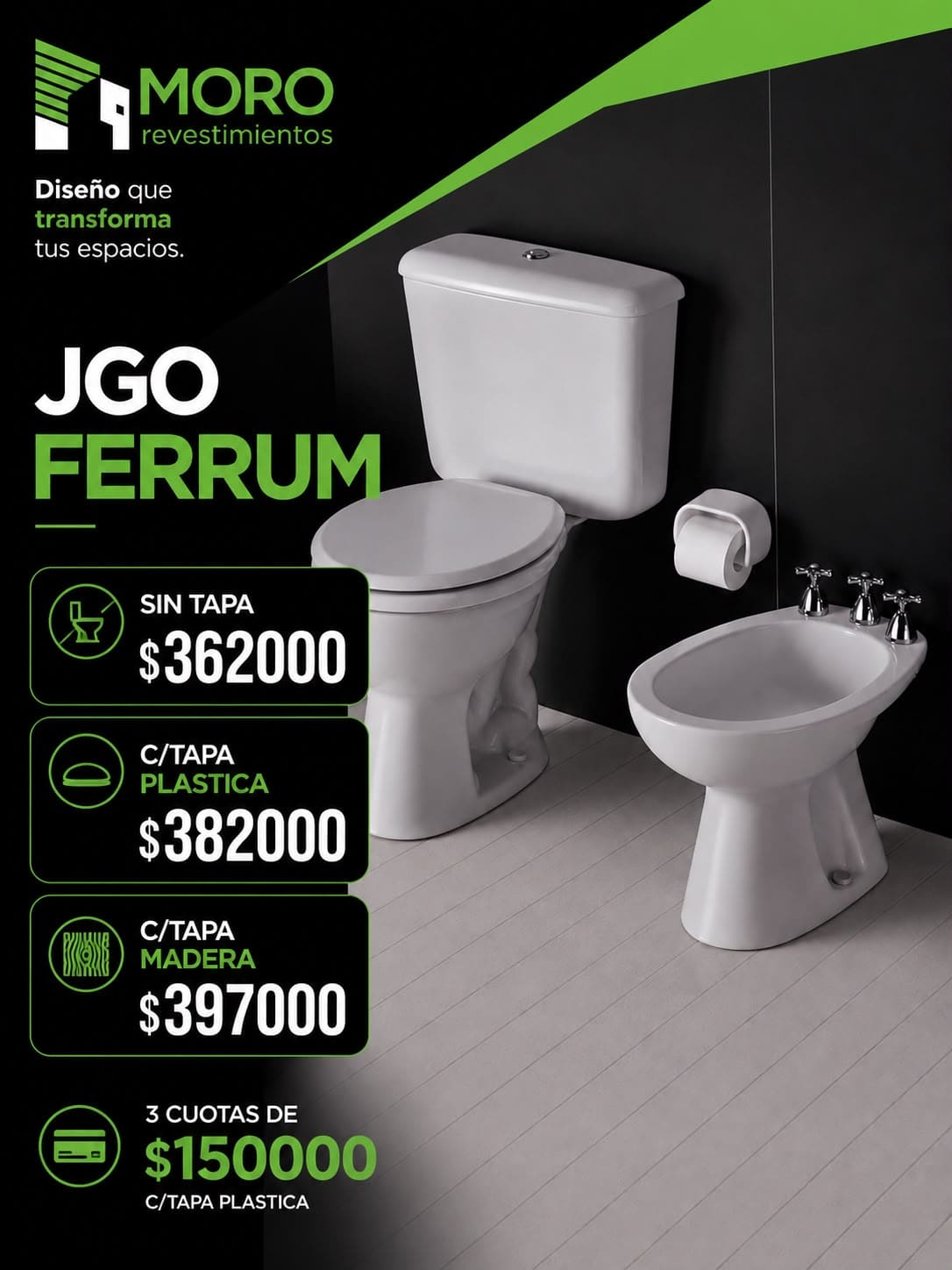 INODORO LARGO + BIDET + DEPOSITO FERRUM +TAPA PLASTICA